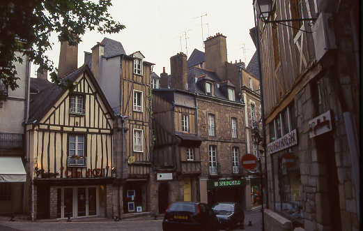 Vannes, France - aug 2, 1997: view of the historic center of Vannes, characterized by typical half-timbered houses, a traditional technique for the construction of wooden buildings