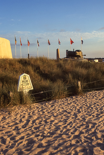 Utah Beach, Normandy, France - aug 13, 1997: on Utah beach, a plaque commemorates the place where an allied soldier fell during D Day, the Normandy landing.