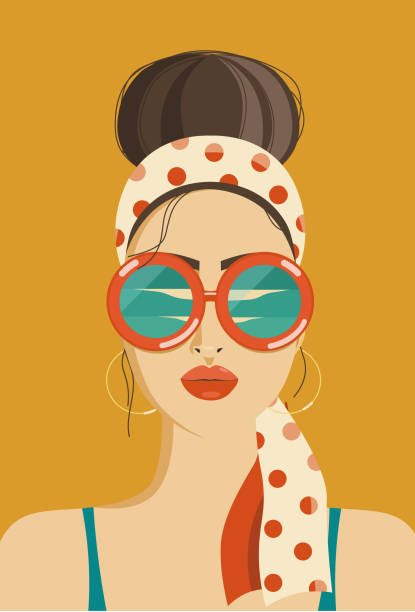 Portrait of woman wearing sunglasses with wave reflation Retro Surf Concept Flat Illustration red spectacles stock illustrations