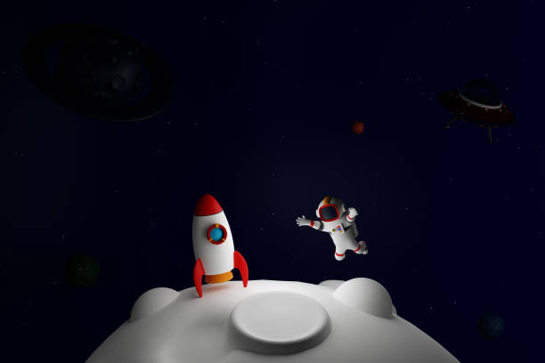 istock Astronaut with rocket and shuttle floating in space with asteroids moon and UFO, 3D rendering. 1464263336