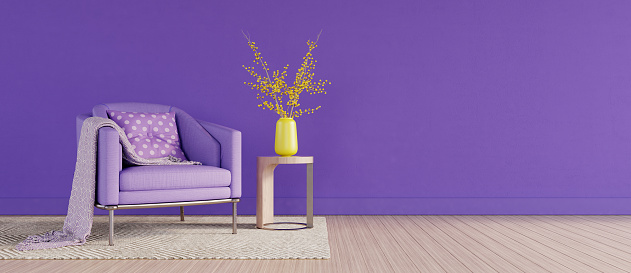 Mock up Living room interior design with purple sofa. Empty purple wall with copy space on left. 3D render 3D illustration