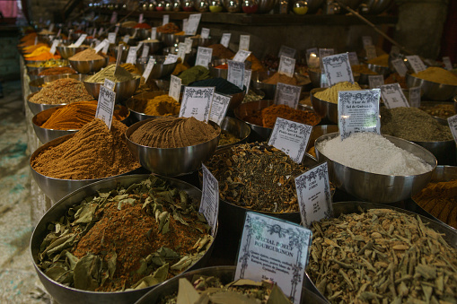 Colourful dried flowers on a market in a bazaar in Marrakech, Morocco, North Africa