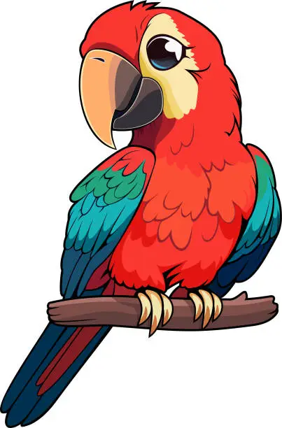 Vector illustration of Cute Vector cartoon Green-winged macaw ara parrot sticker