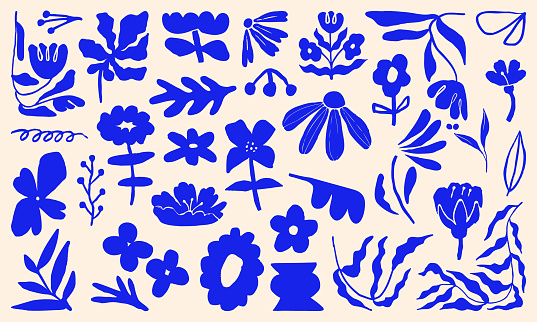 Set of Abstract Paper Cut-Out Flower and Leaf Shape. Hand drawn shapes and doodle design elements. Exotic jungle leaves, flowers and plants. Abstract contemporary modern trendy vector illustration.