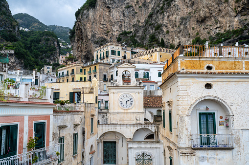 Homes and a clocktower in the Town of Atrani on the Amalfi Coast Italy