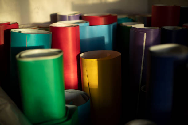 istock Rolls of colored paper. Self-adhesive film in rolls. Creative material. 1464278742