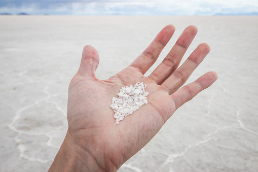 Salt crystals form into natural pyramidal shapes at the Salar De Uyuni, Bolivia, the largest salt flat in the world.