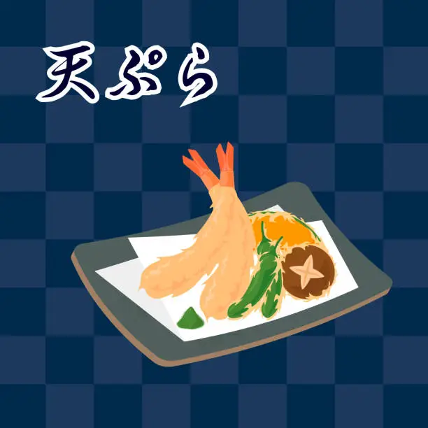 Vector illustration of Japanese Food, Tempura. Shrimp, Shishito Green Pepper, Shiitake, Japanese Pumpkin, Matcha Salt.