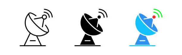 Vector illustration of Satellite dish icons set. News, broadcast, satellite, communication, network, technology, synchronization, wireless, waves, signal. Media concept. Vector line icon in different styles