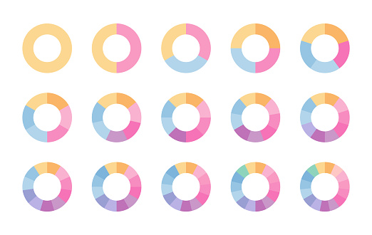 Circle chart divided into pieces. Pie diagram. Circular section graph. Set of segments and slices. Round scheme with sectors. Colorful structure with 3, 6, 9, 12 elements. Vector illustration