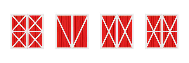 illustrazioni stock, clip art, cartoni animati e icone di tendenza di insieme di porte del fienile in legno rosso. vista frontale. elementi di edifici di magazzini agricoli isolati su sfondo bianco. illustrazione vettoriale del fumetto - barn red old door