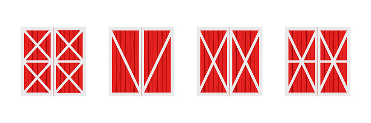 Set of red wooden barn doors. Front view. Elements of farm warehouse buildings isolated on white background. Vector cartoon illustration.