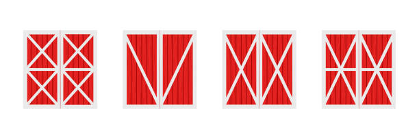 Set of red wooden barn doors. Front view. Elements of farm warehouse buildings isolated on white background. Vector cartoon illustration Set of red wooden barn doors. Front view. Elements of farm warehouse buildings isolated on white background. Vector cartoon illustration. barn doors stock illustrations