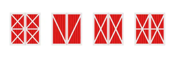 Vector illustration of Set of red wooden barn doors. Front view. Elements of farm warehouse buildings isolated on white background. Vector cartoon illustration
