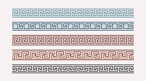 Greek key ornaments collection. Colored meander pattern set. Repeating geometric meandros motif. Greek fret design. Ancient decorative border. Vector decoration