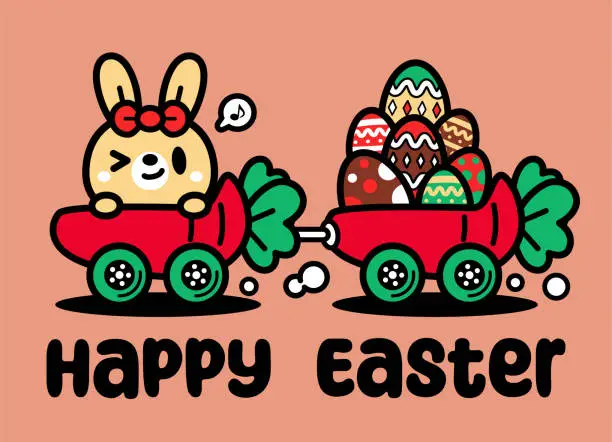 Vector illustration of A cute Easter Bunny driving a carrot car pulling a cart laden with Easter Eggs