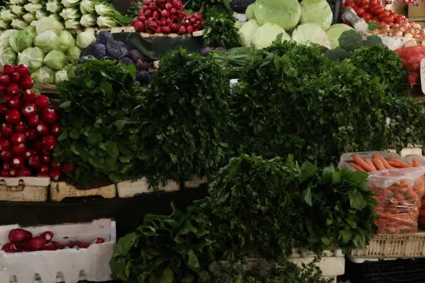 Fresh vegetables offered on the food market, bazaar in Amman, Jordan 2021