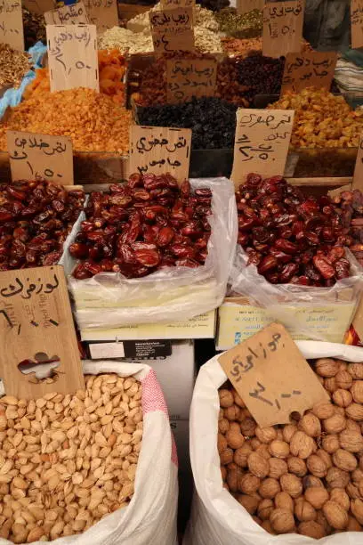 Nuts, dates, raisins offered on the local market in Amman, Jordan 2021