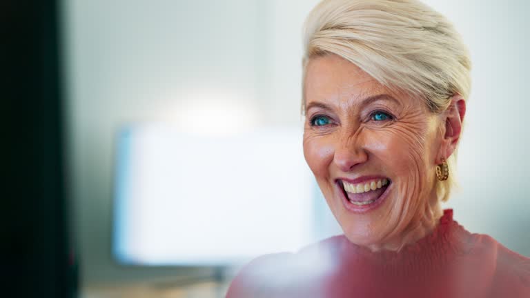 Winner, senior woman and excited face of a business worker happy about success and good news. Investment profit, stock market growth and web promotion of a elderly employee with a smile in a office