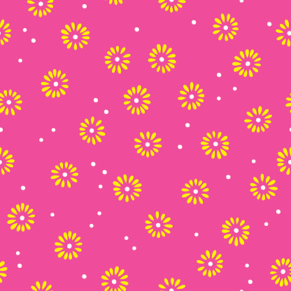 Vector illustration of yellow flowers in a repeating pattern against a pink background.