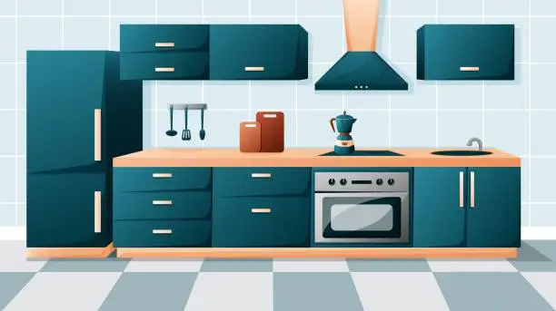 Vector illustration of Vector cartoon interior of family kitchen - counter with appliances, furniture. Household objects, cooking, dining room