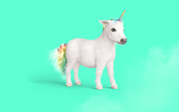 istock White unicorn with rainbow horn isolated on green background. 1464311771