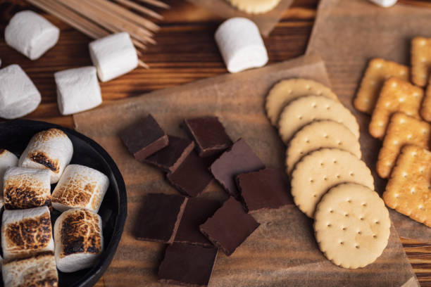 istock marshmallows, chocolate and cookies for making smore on brown background. view from above. copy space 1464313957