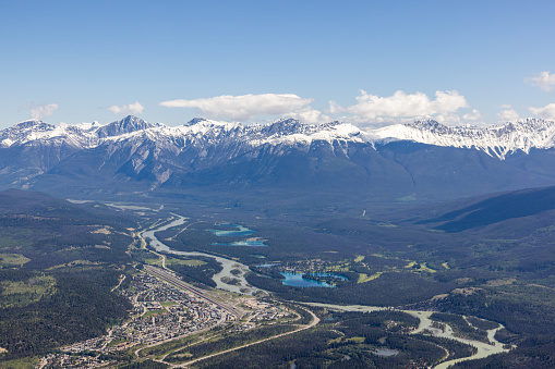 View of the city of Jasper and Jasper National Park from the top of Whistlers Mountain, Alberta, Canada