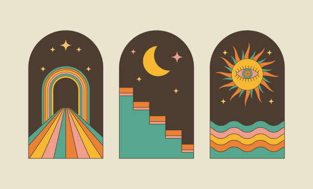 Retro boho arch windows set. Groovy graphic abstract elements. Rainbow, waves, cartoon psychedelic sun, moon, stars. Mid century modern art