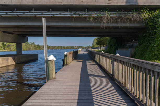 istock Boardwalk with pillars and railings along the river at Milton, Florida 1464316706