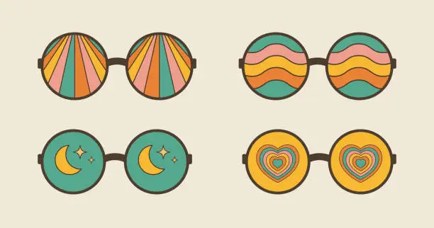 Vector illustration of Groovy trippy psychedelic sunglasses set. Retro 70s graphic elements of glasses with rainbow, hearts, moons and waves. Hippie boho style stickers