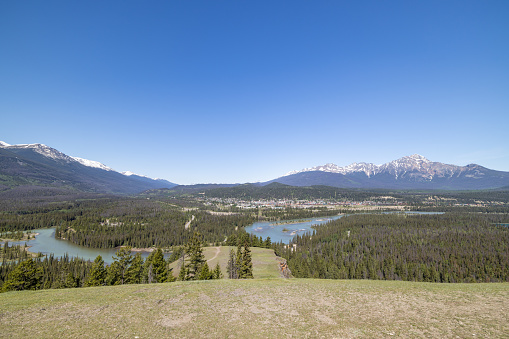 View of the Athabasca River and Jasper National Park from Old Fort Point, Jasper, Alberta, Canada
