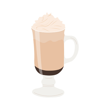 Mocha in transparent glass. Mocaccino chocolate flavoured warm beverage. Coffee with steamed milk and sweetened whipped cream on top. Colored flat vector illustration in trendy minimalist style