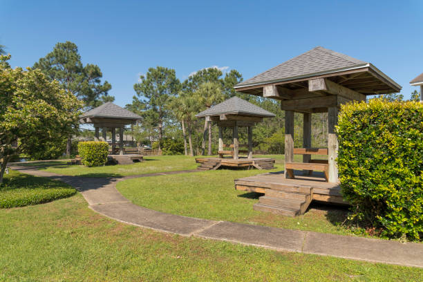 istock Pathway on a park with stylized picnic tables in a private community at Navarre, Florida 1464317620