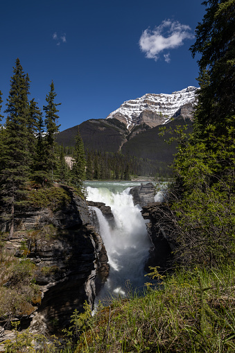 Athabasca Falls. Athabasca Falls is a waterfall in Jasper National Park on the upper Athabasca River on a beautiful day of summer, approximately 30 kilometres south of the townsite of Jasper, Alberta, Canada