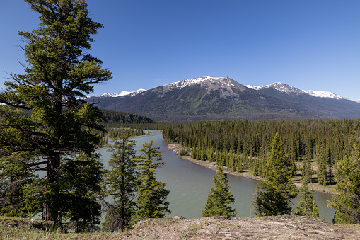 View of the Athabasca River and Jasper National Park from Old Fort Point, Jasper, Alberta, Canada