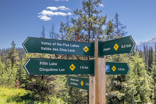 Valley of the Five Lakes Signage in Jasper National Park in Alberta, Canada