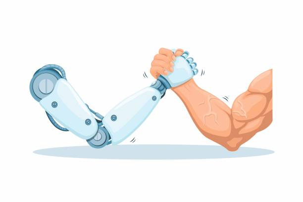 Robot vs Human Arm Wrestling Game Challenge symbol cartoon illustration vector Robot vs Human Arm Wrestling Game Challenge symbol cartoon illustration vector arm wrestling stock illustrations