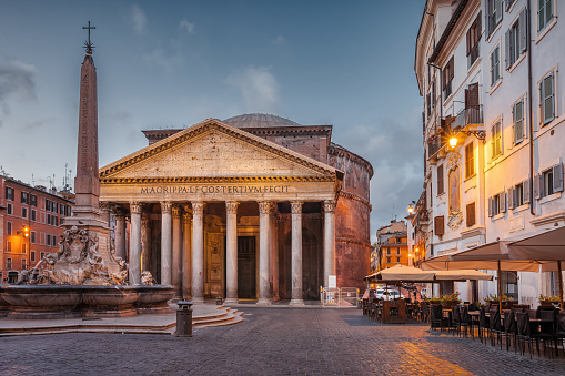 Piazza della Rotonda with the Pantheon at dawn in downtown Rome, Italy