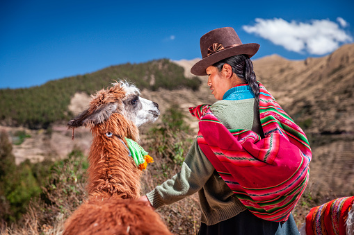 Peruvian woman wearing national clothing posing with llama near Cuzco. The Sacred Valley of the Incas or Urubamba Valley is a valley in the Andes  of Peru, close to the Inca capital of Cusco and below the ancient sacred city of Machu Picchu. The valley is generally understood to include everything between Pisac  and Ollantaytambo, parallel to the Urubamba River, or Vilcanota River or Wilcamayu, as this Sacred river is called when passing through the valley. It is fed by numerous rivers which descend through adjoining valleys and gorges, and contains numerous archaeological remains and villages. The valley was appreciated by the Incas due to its special geographical and climatic qualities. It was one of the empire's main points for the extraction of natural wealth, and the best place for maize production in Peru.