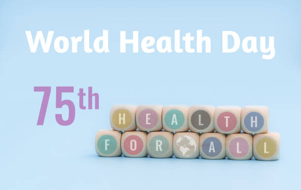 World Health Day 2023 with health for all concept. WHOs 75thanniversary year. 7 April is World Health Day. World health day design concept on blue background. Text and globe symbol on wooden cubes. día mundial de la salud 2023 con el concepto de salud para todos. 75º aniversario de la oms. el 7 de abril es el día mundial de la salud. concepto de diseño del día mundial de la salud sobre fondo azul. texto y símbolo del globo terráqueo en cubos d