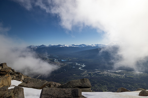 View of the city of Jasper and Jasper National Park from the top of Whistlers Mountain, Alberta, Canada