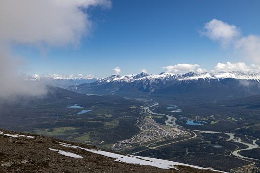 View of the city of Jasper and Jasper National Park from the top of Whistlers Mountain, Alberta, Canada
