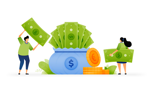 Vector illustration of stashing savings on greenbacks. Investing for the future. Full sacks of dollar bills. Secure future on piling up dollar bills. Can use for ad, poster, campaign, website, apps