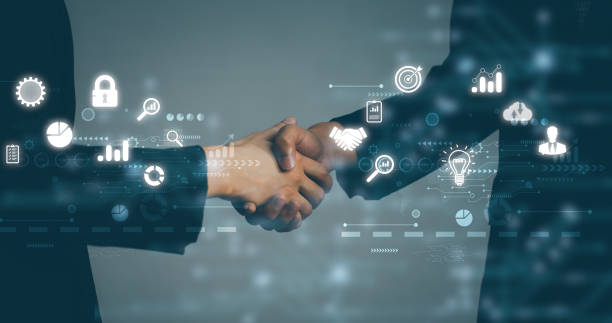 Business and Technology. Businessman and Businesswoman shake hands blurred background, white digital and interface icon. Business and Technology. Businessman and Businesswoman shake hands blurred background, white digital and interface icon. outsourcing stock pictures, royalty-free photos & images