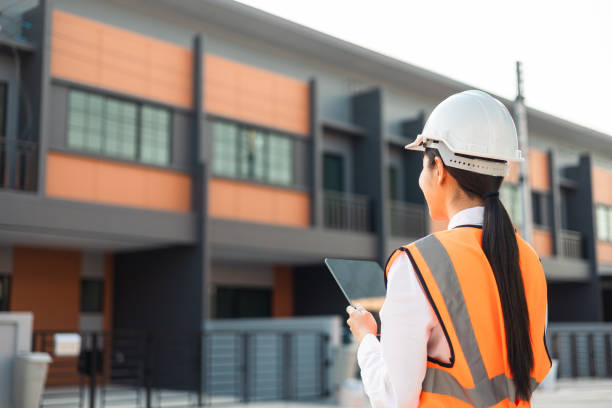istock Confident engineer woman standing at modern home building construction. Architect with white safety helmet at construction site. Mechanic service factory Professional work job occupation in uniform. 1464336046