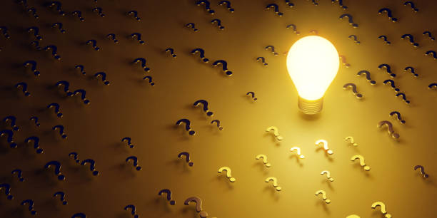 istock Knowledge and suspicion, Abstract concept, bright lamp among question marks and darkness - 3d rendering. 1464336282