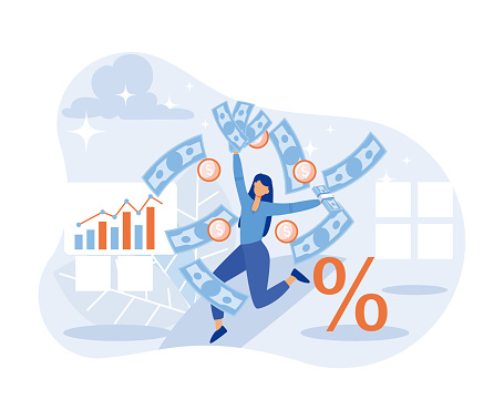 Passive income illustration. Characters enjoying financial freedom and independence. Successfully and free of debts people planning budget.flat vector illustration