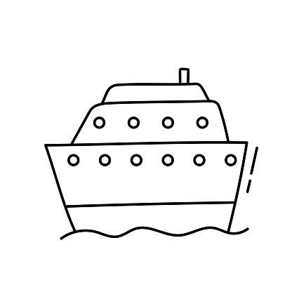Doodle yacht cruise ship isolated on white background. Vector outline illustration
