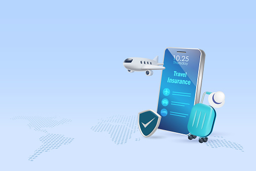 Travel insurance concept. Airplane and luggage with travel insurance policy and protection shield on smartphone. 3D vector.